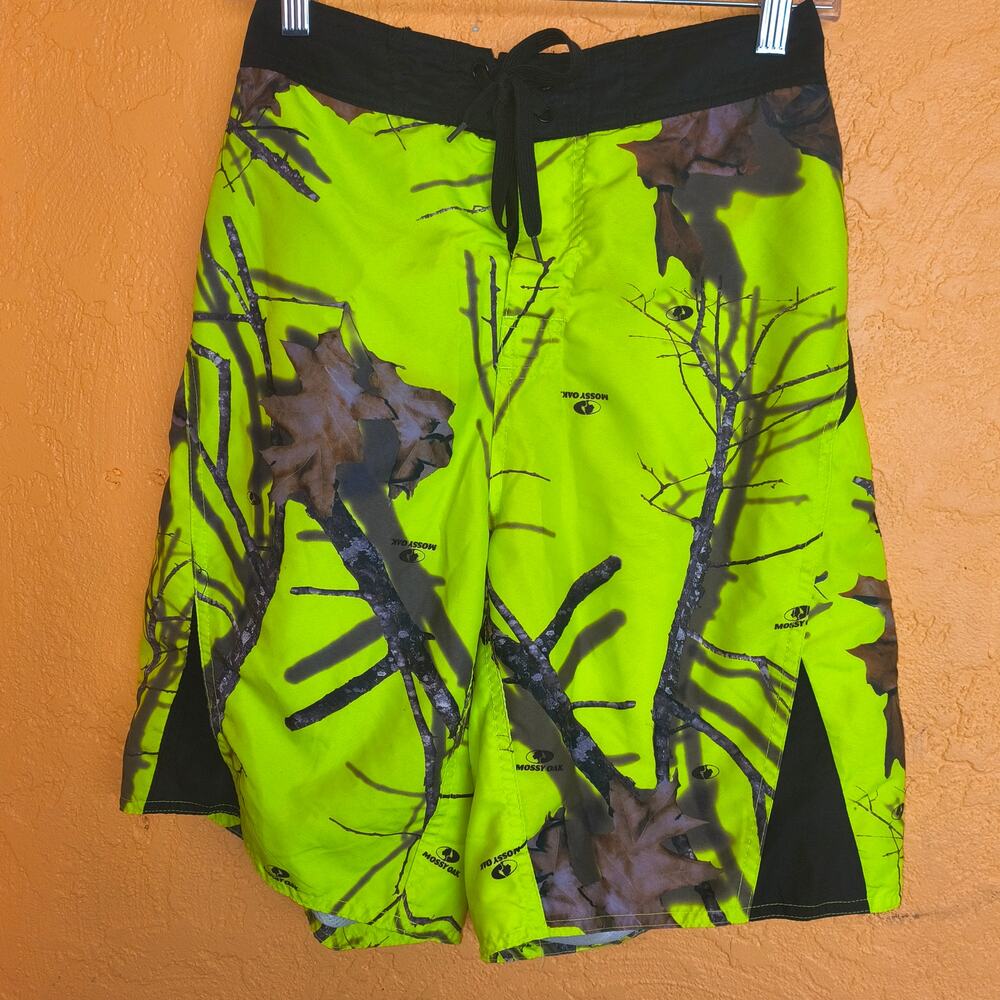 MOSSY OAK MEN'S S NEON GREEN AND BLACK SWIM BOARD SHORTS FISHING TRUNKS SIZE S
